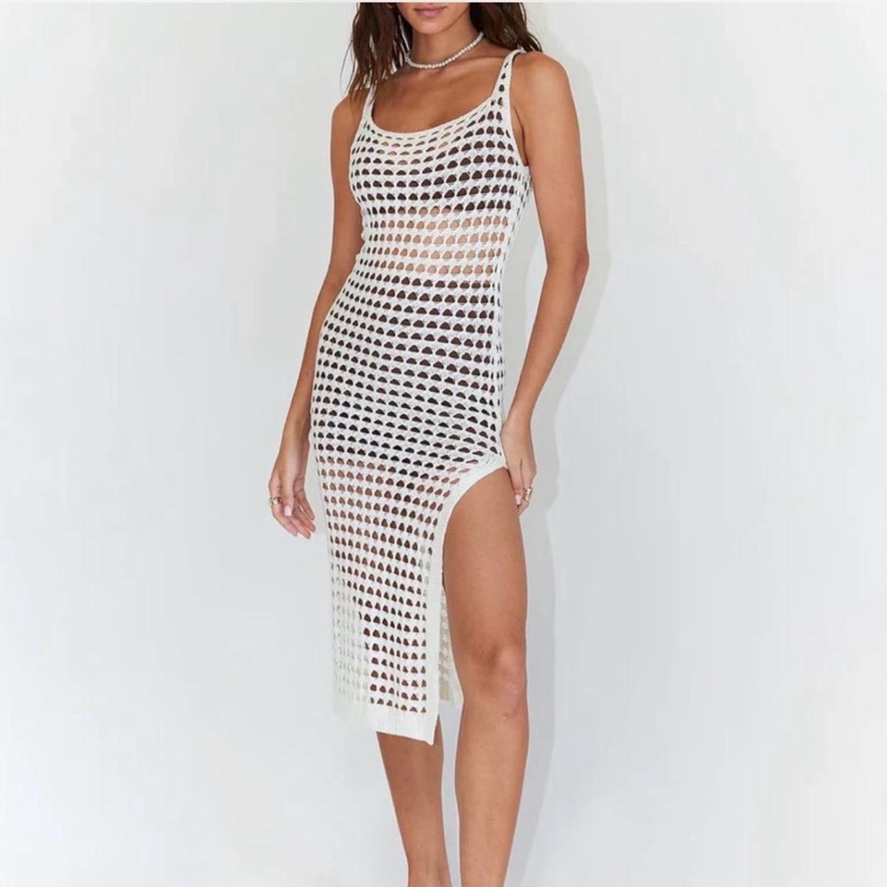 White Crochet Mesh Swim Cover-Up Dress